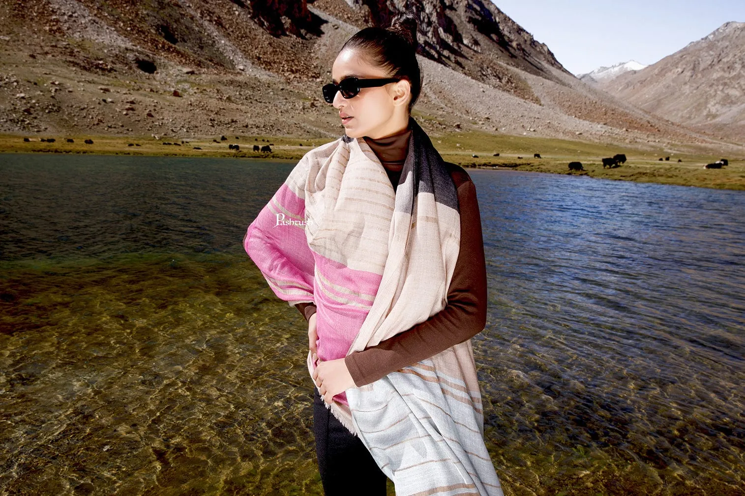 Pashtush Womens Wool Silk Stole, Twilight Collection, Soft Woven Stripes, Flamingo