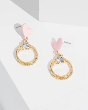 Pink Love Heart And Crystal Drop Earrings