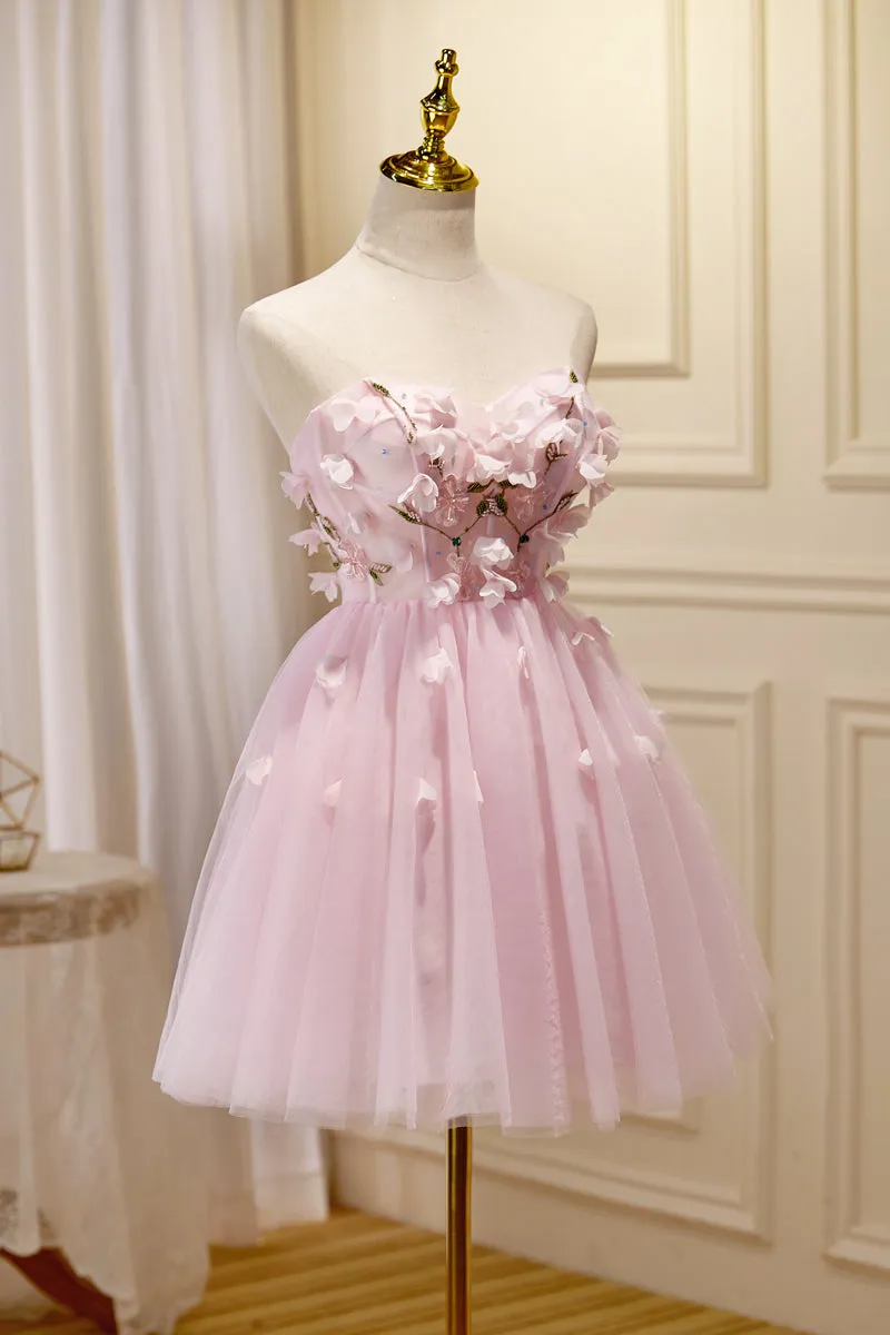 Pink Sweetheart Strapless 3D Appliques Homecoming Dress