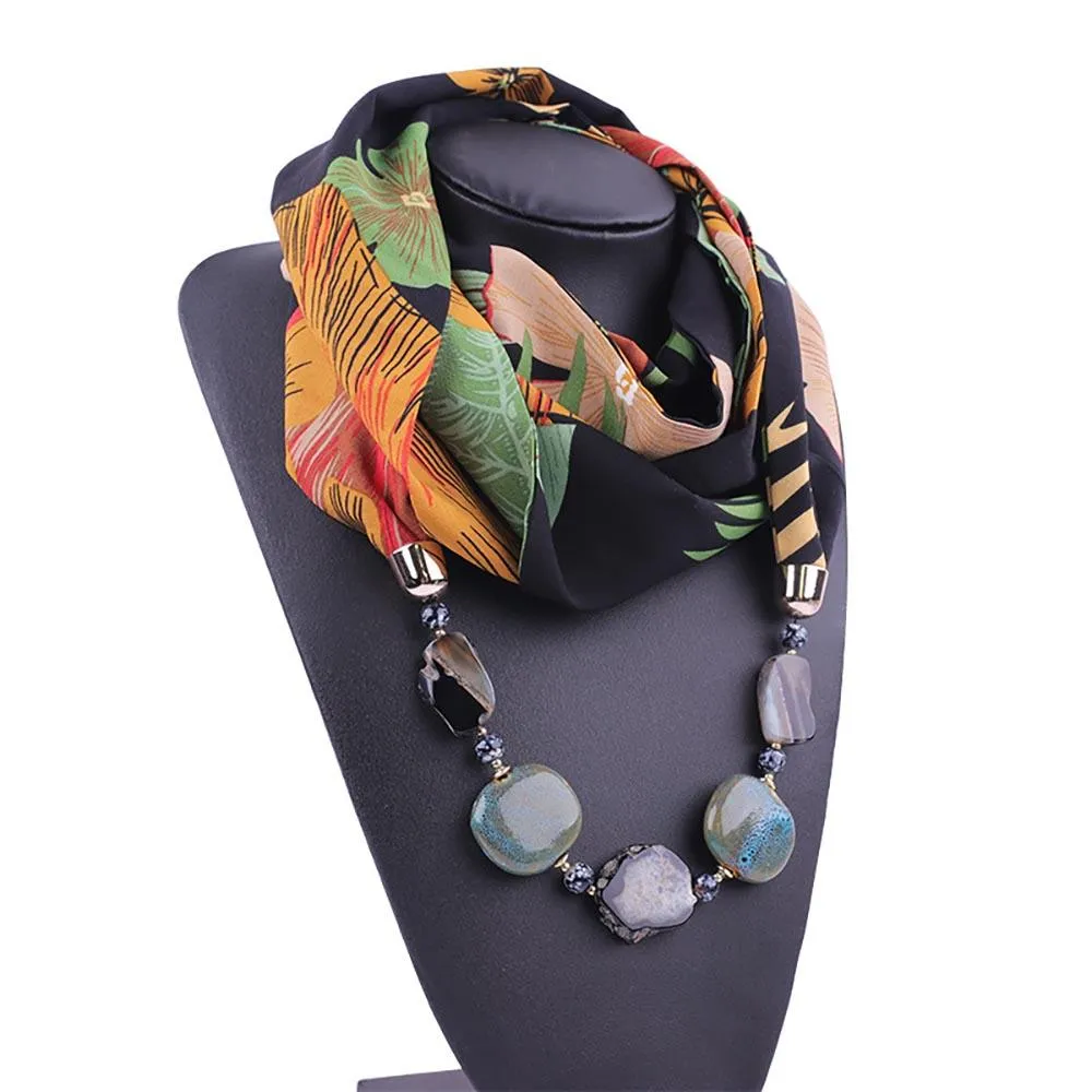 Printed Summer Chiffon Scarf With Beaded Diamond Pendant