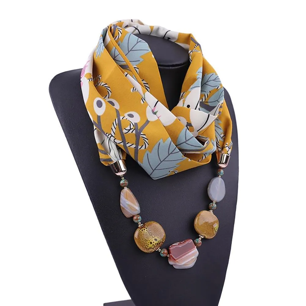 Printed Summer Chiffon Scarf With Beaded Diamond Pendant