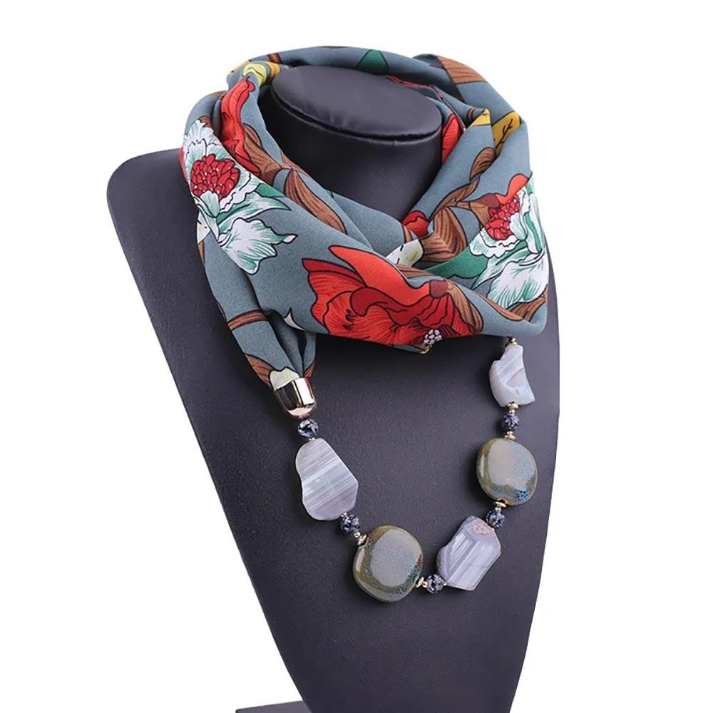 Printed Summer Chiffon Scarf With Beaded Diamond Pendant