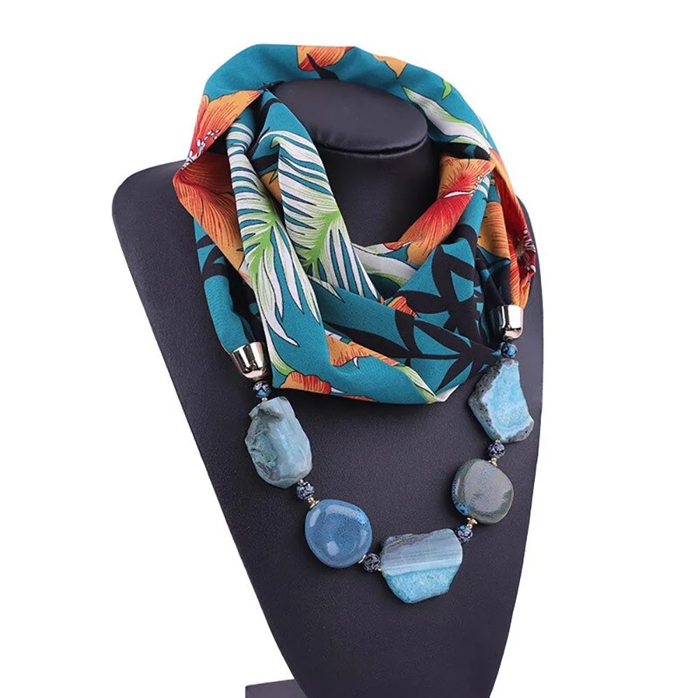Printed Summer Chiffon Scarf With Beaded Diamond Pendant