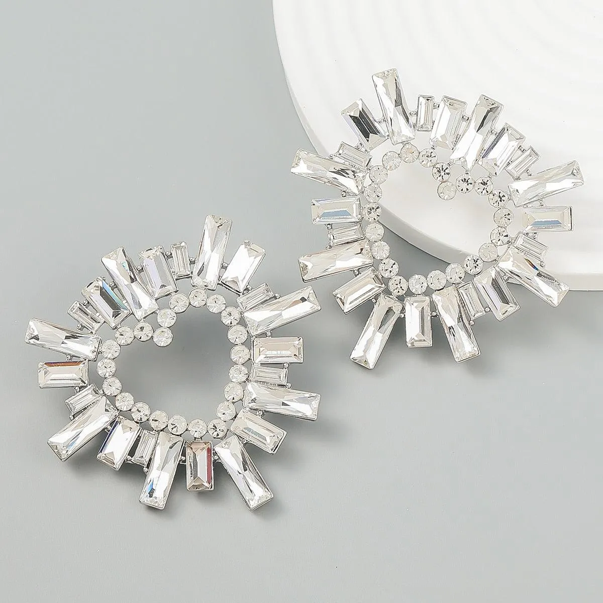 Shiny Rhinestone Flower Dangle Earrings