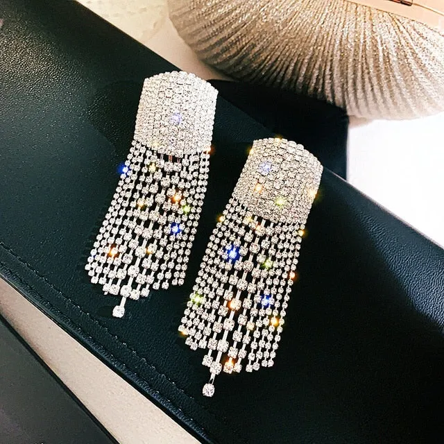 Shiny Rhinestone Long Tassel Drop Earrings