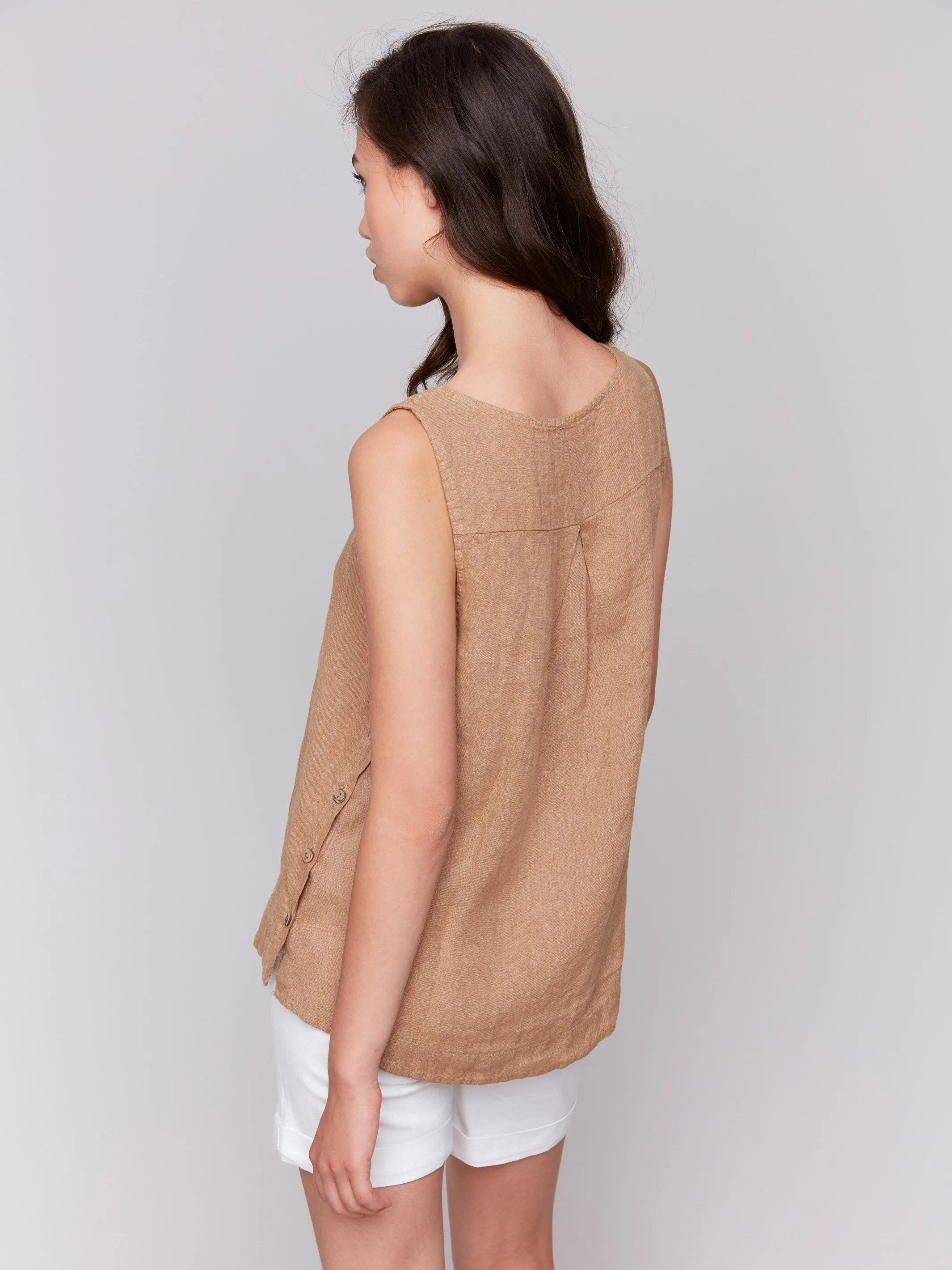 Sleeveless Linen Top with Side Buttons - Biscuit