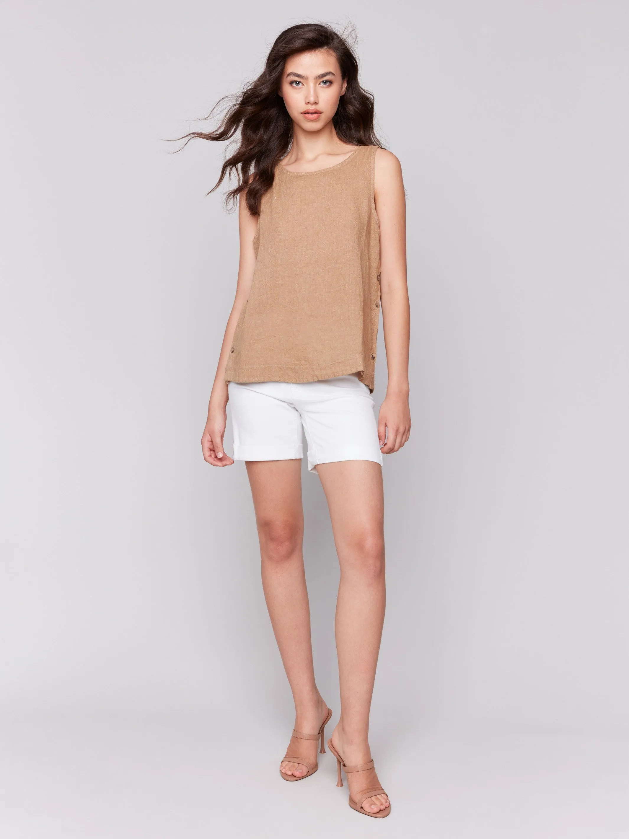 Sleeveless Linen Top with Side Buttons - Biscuit