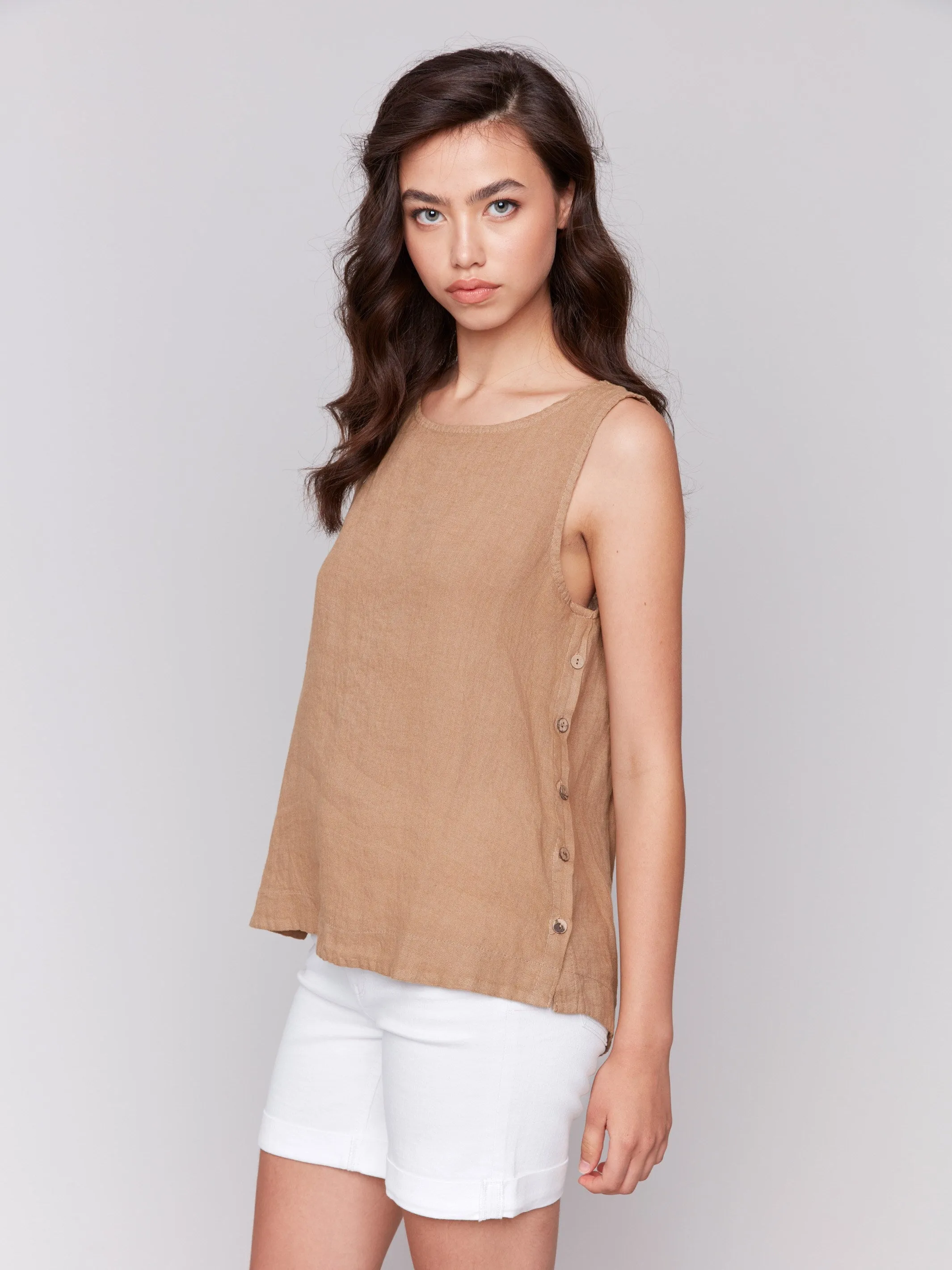 Sleeveless Linen Top with Side Buttons - Biscuit