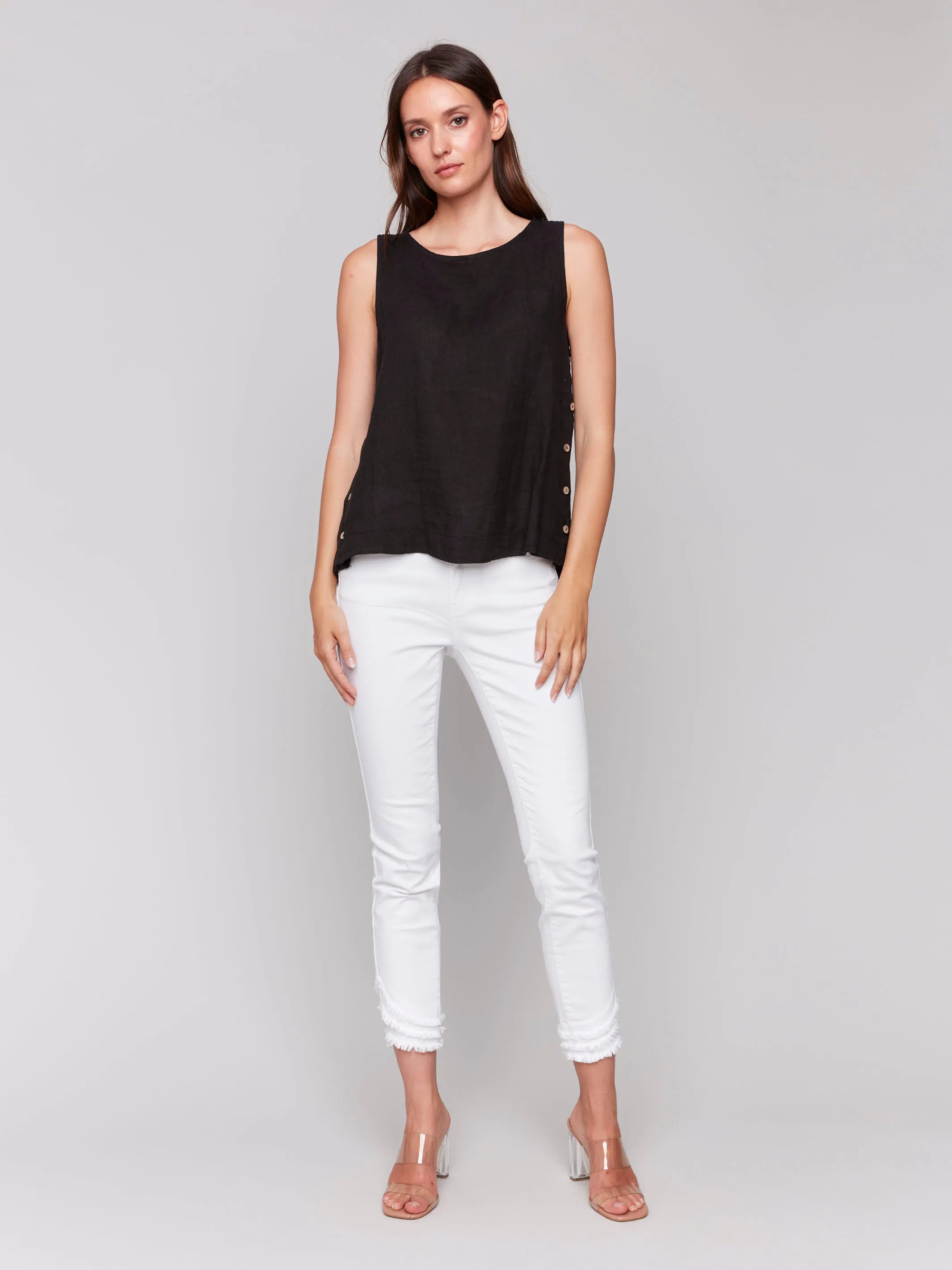 Sleeveless Linen Top with Side Buttons - Black