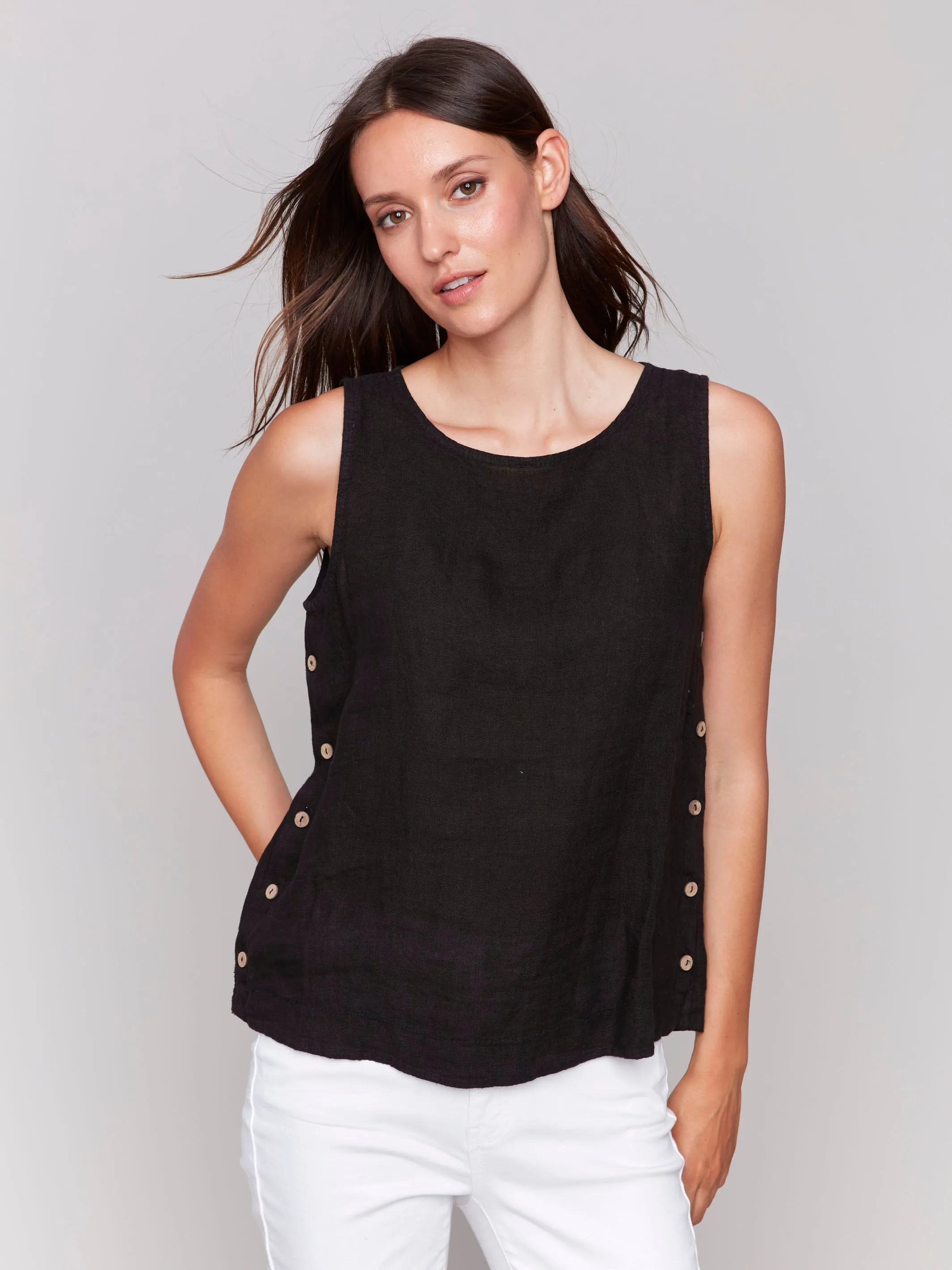 Sleeveless Linen Top with Side Buttons - Black