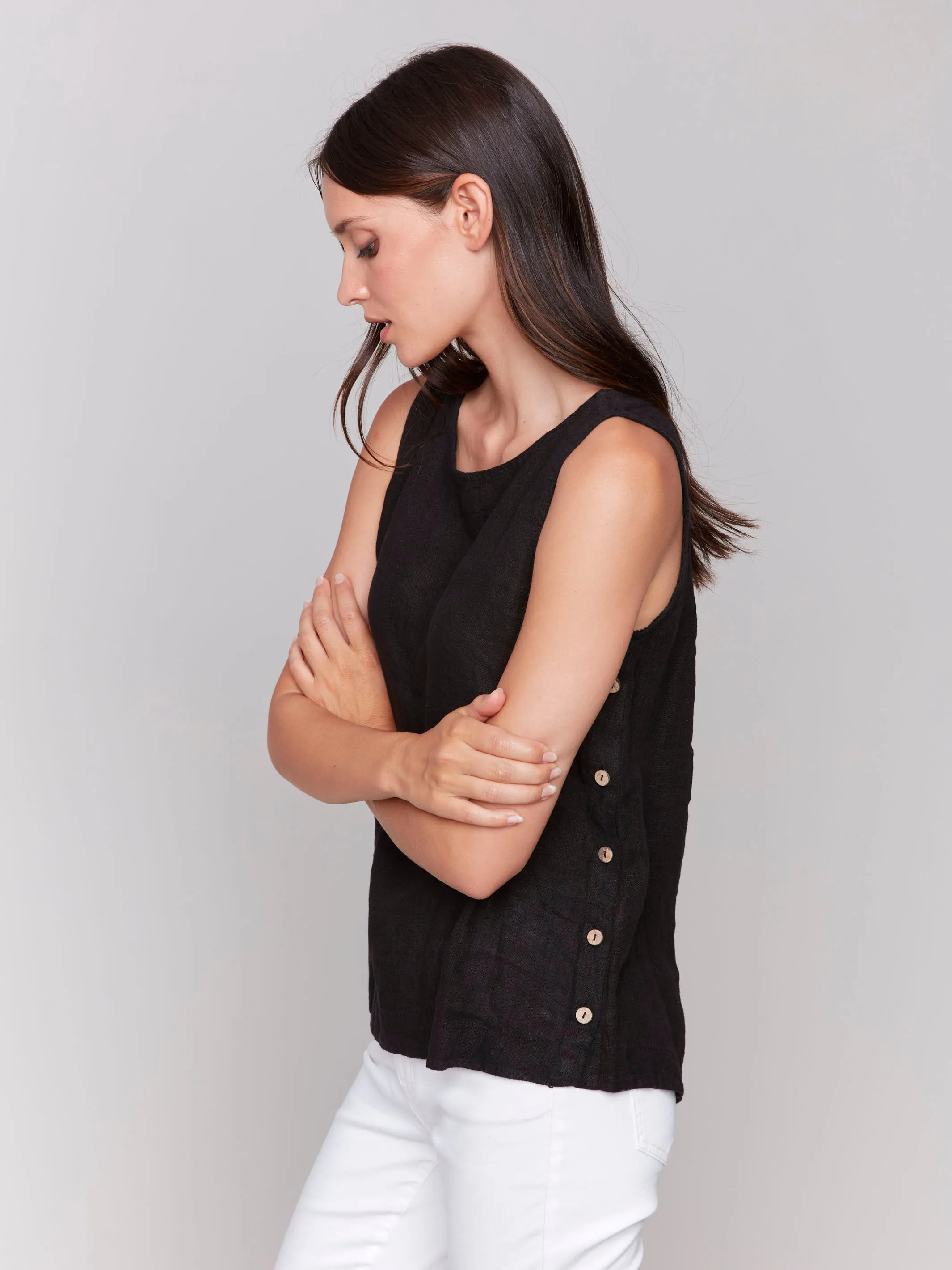 Sleeveless Linen Top with Side Buttons - Black