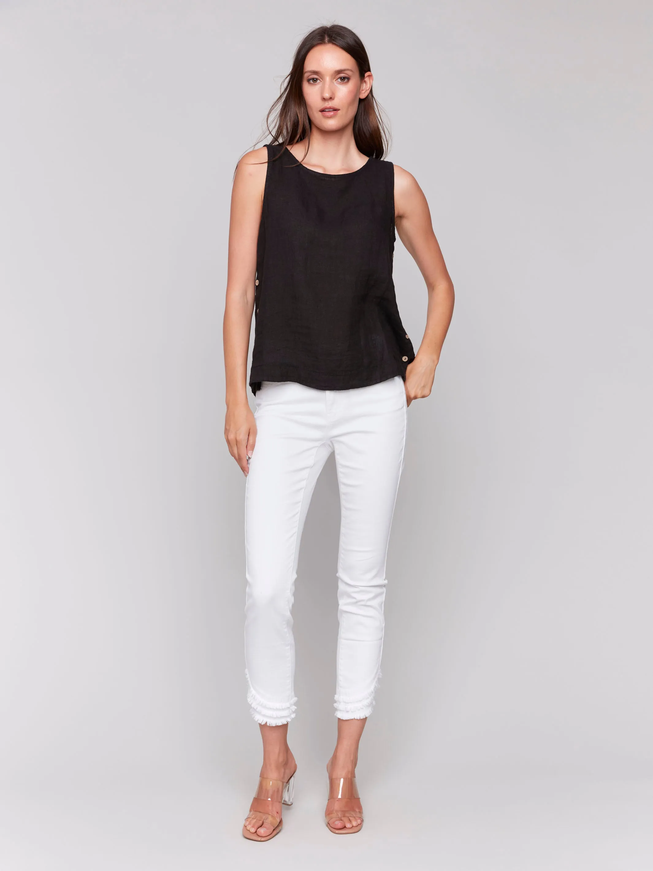 Sleeveless Linen Top with Side Buttons - Black