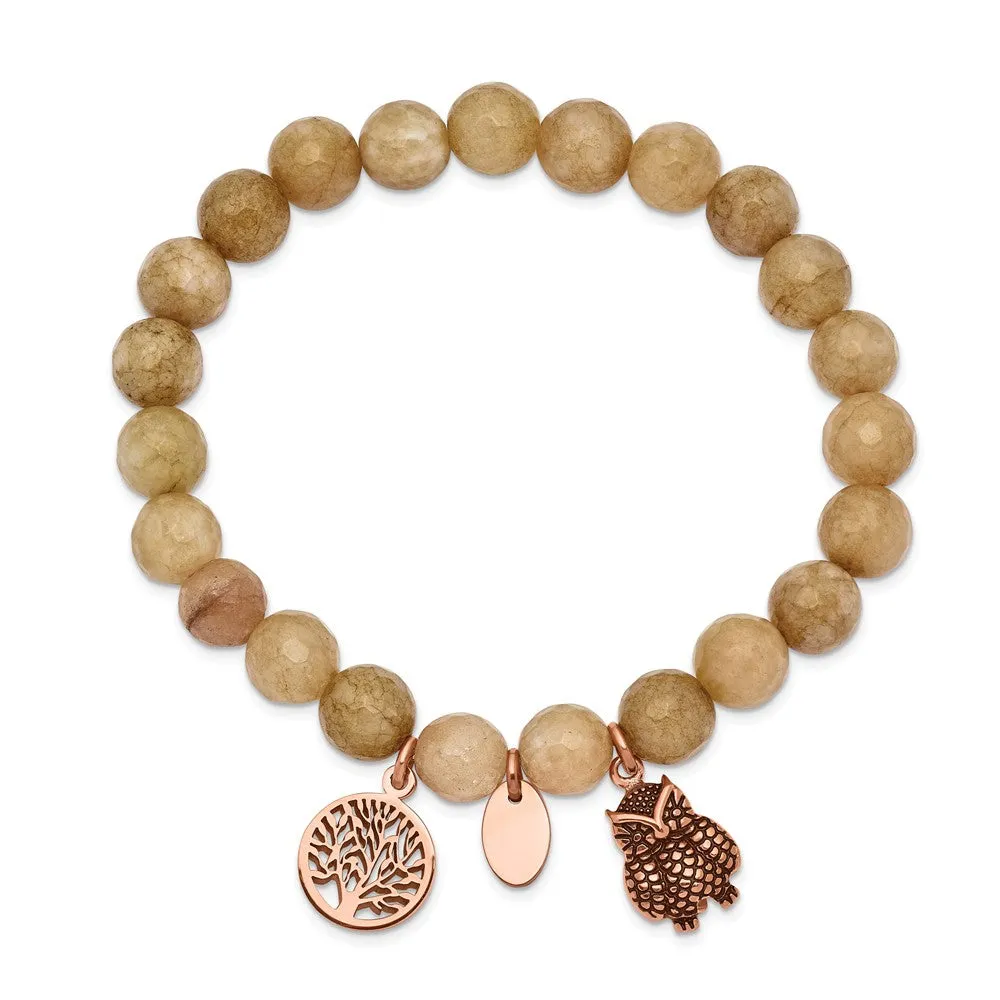 Stainless Steel Antiqued & Polished Rose IP Owl Taupe Dyed Jade Bracelet