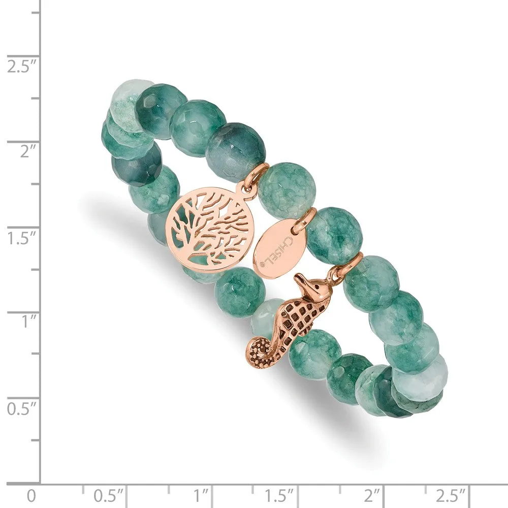Stainless Steel Antiqued & Polished Rose IP Seahorse Green Dyed Jade Bracel