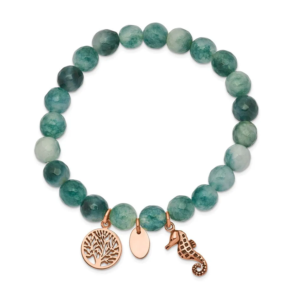 Stainless Steel Antiqued & Polished Rose IP Seahorse Green Dyed Jade Bracel