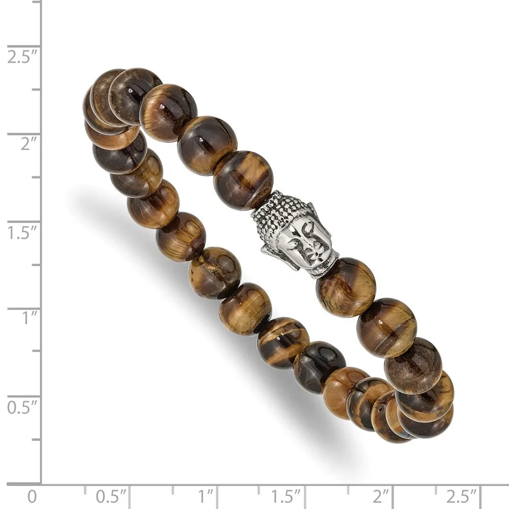 Stainless Steel Antiqued & Polished Tiger's Eye Buddha Stretch Bracelet