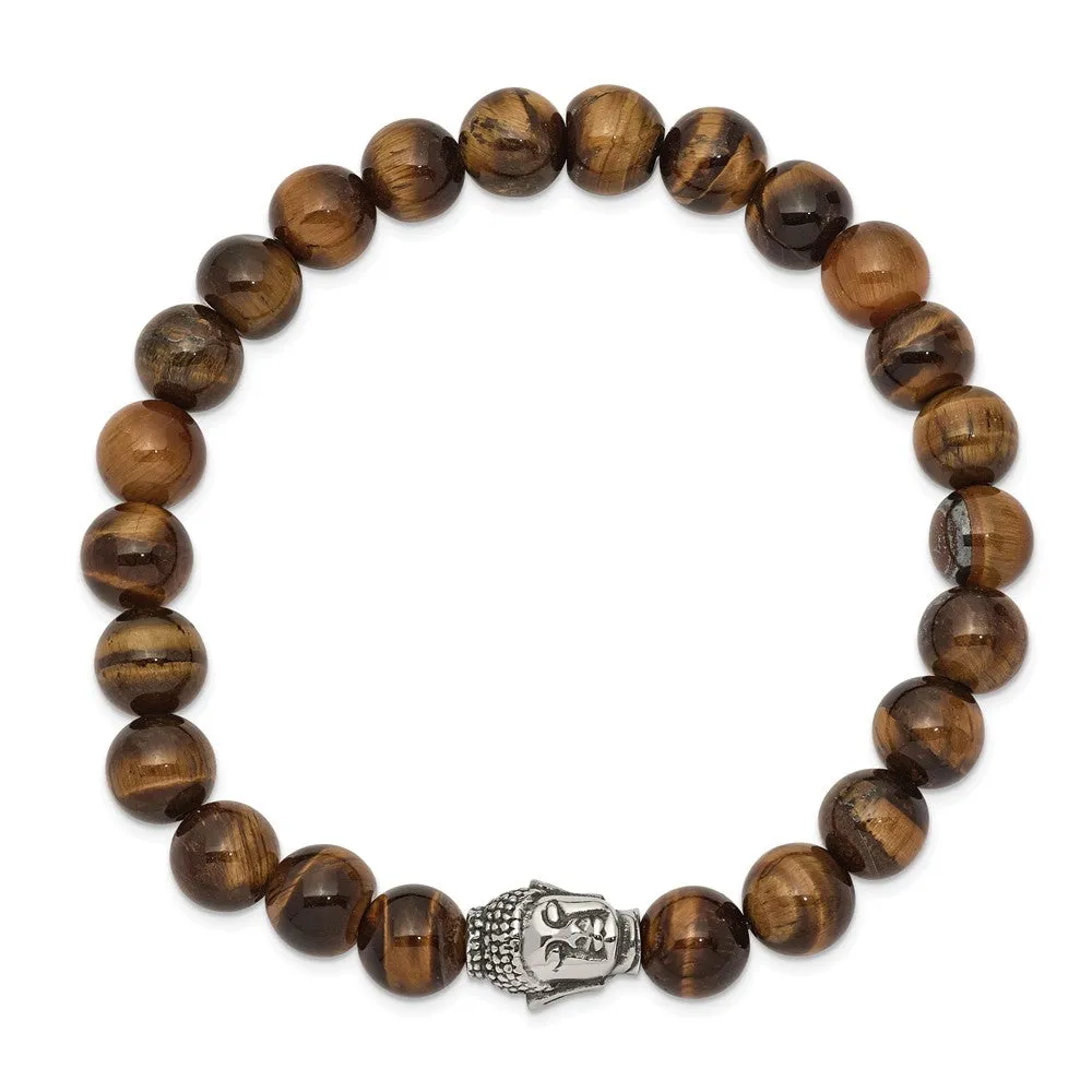 Stainless Steel Antiqued & Polished Tiger's Eye Buddha Stretch Bracelet