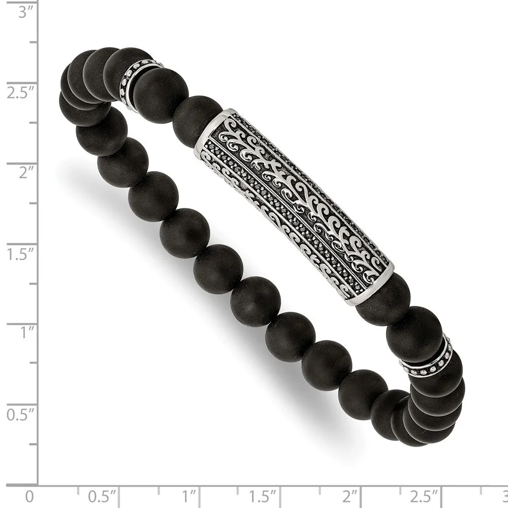 Stainless Steel Antiqued & Polished with Black CZ & Agate Stretch Bracelet