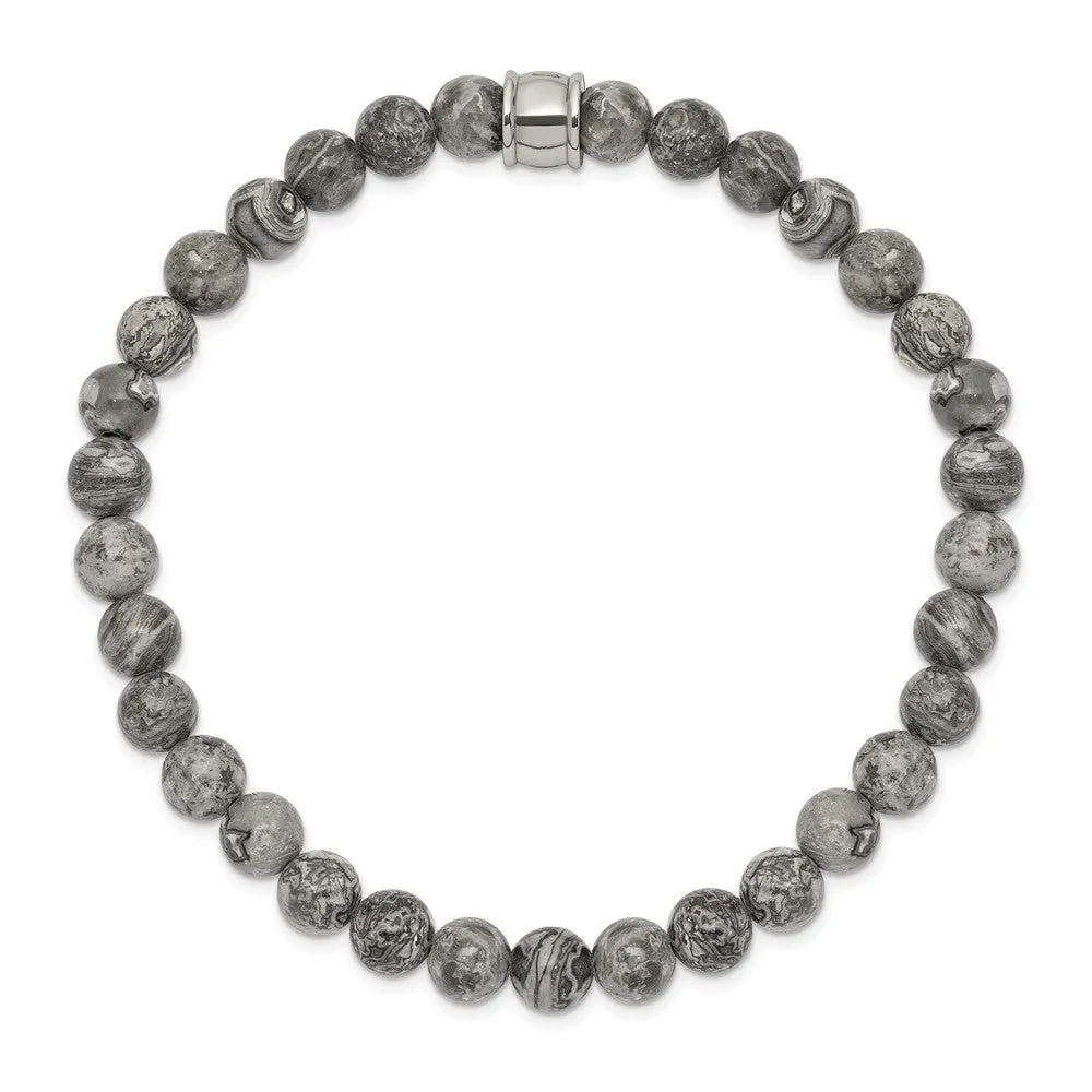 Stainless Steel Polished Grey Jasper Stretch Bracelet