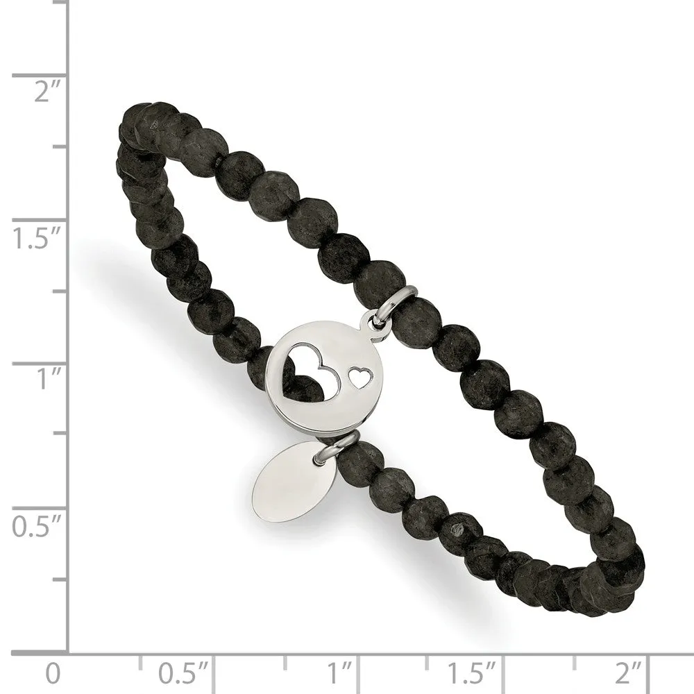 Stainless Steel Polished Hearts Black Jade Beaded Stretch Bracelet
