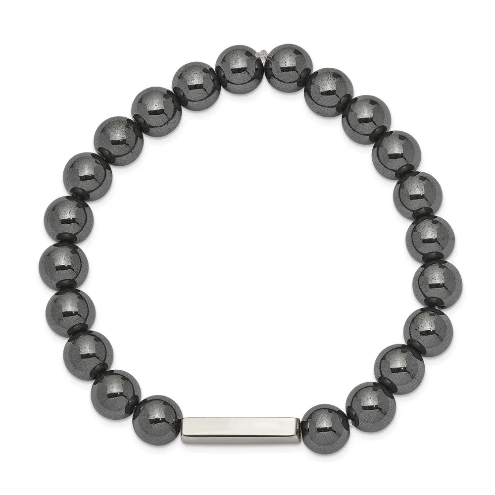 Stainless Steel Polished ID Plate Hematite Bead Stretch Bracelet