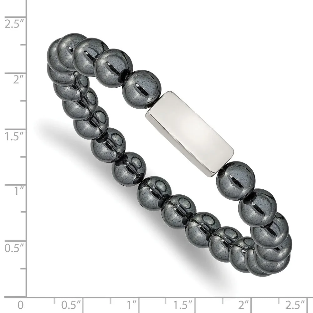 Stainless Steel Polished ID Plate Hematite Bead Stretch Bracelet