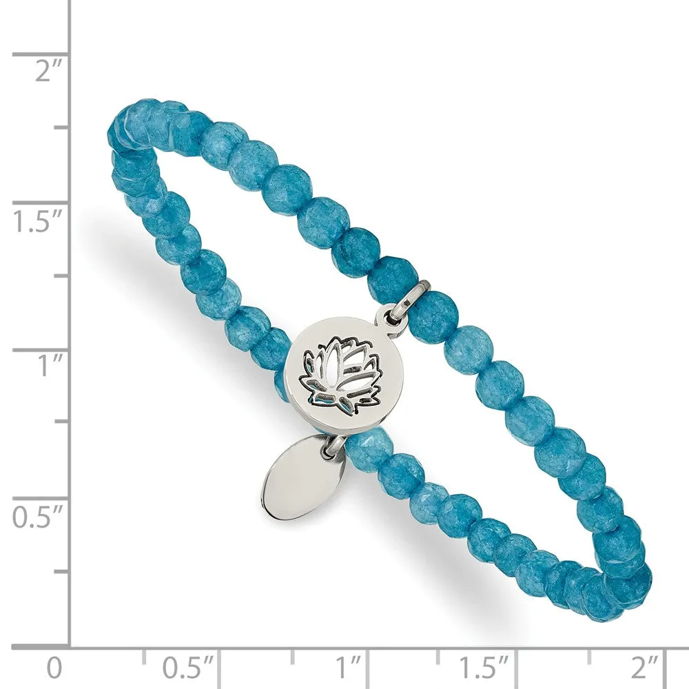 Stainless Steel Polished Lotus Blue Jade Beaded Stretch Bracelet