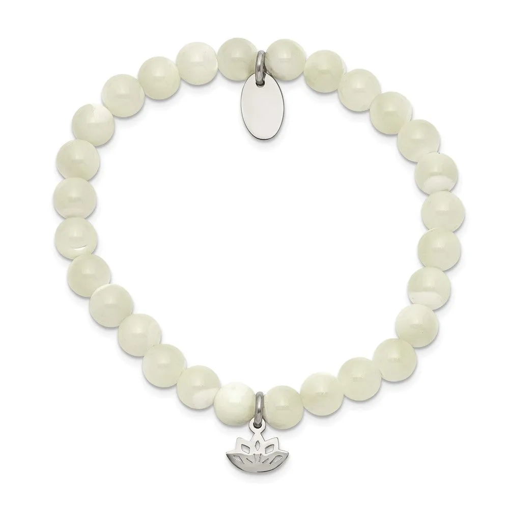 Stainless Steel Polished Lotus Mother of Pearl Beaded Stretch Bracelet