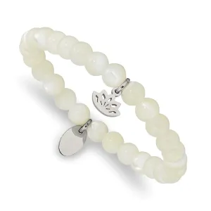 Stainless Steel Polished Lotus Mother of Pearl Beaded Stretch Bracelet