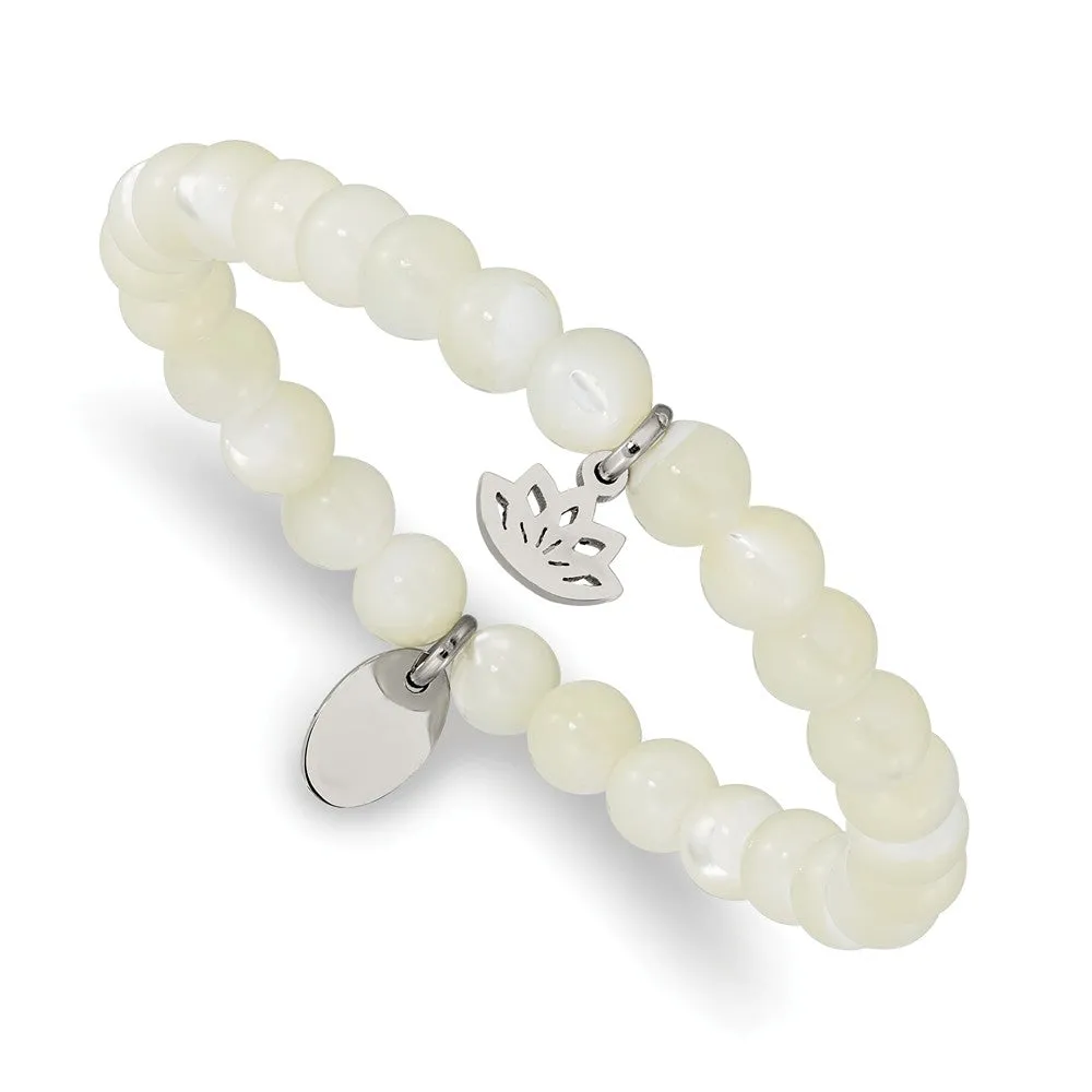 Stainless Steel Polished Lotus Mother of Pearl Beaded Stretch Bracelet