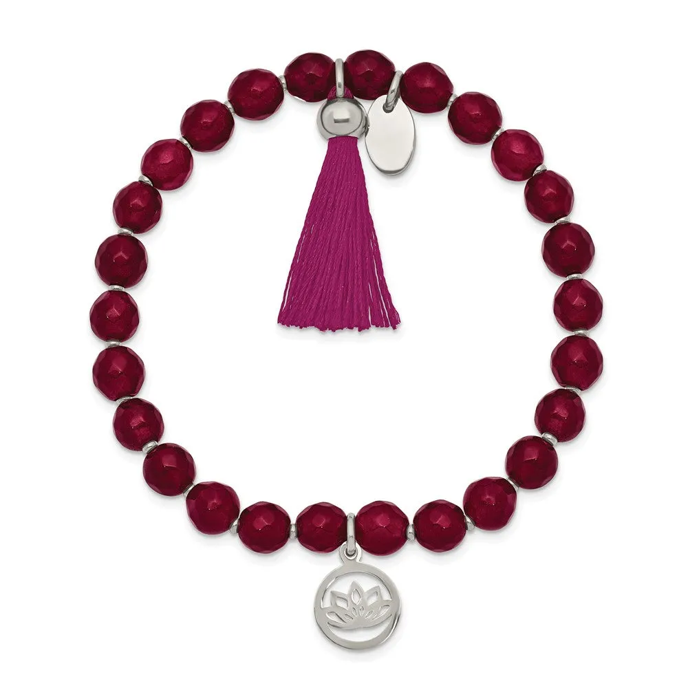 Stainless Steel Polished Lotus w/Tassel Pink Jade Beaded Stretch Bracelet