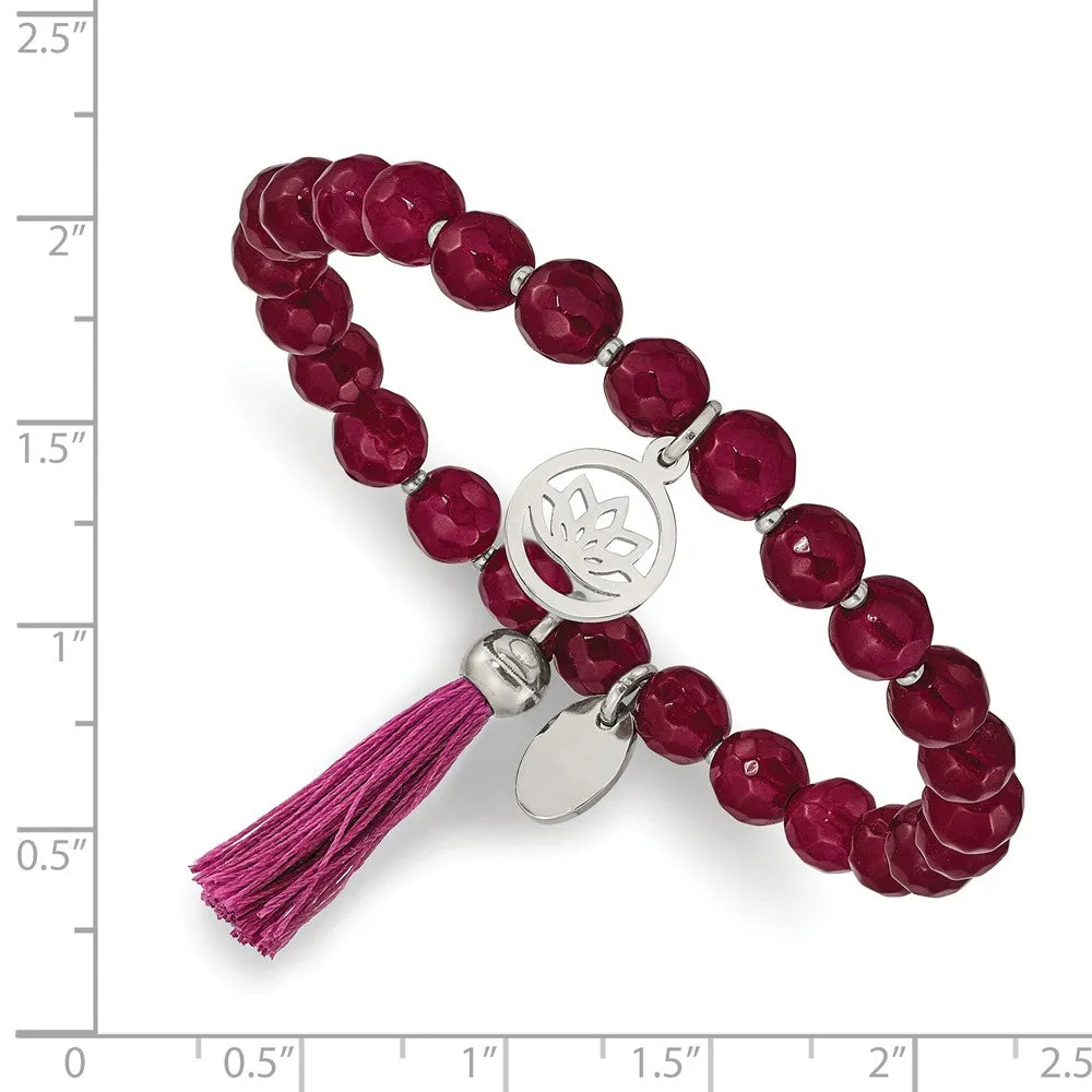 Stainless Steel Polished Lotus w/Tassel Pink Jade Beaded Stretch Bracelet