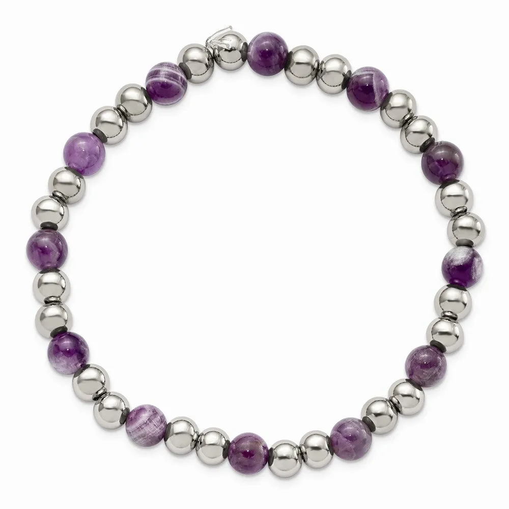 Stainless Steel Polished Purple Zebra Amethyst Beaded Stretch Bracelet