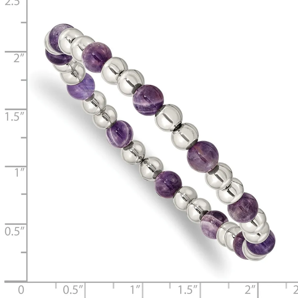 Stainless Steel Polished Purple Zebra Amethyst Beaded Stretch Bracelet