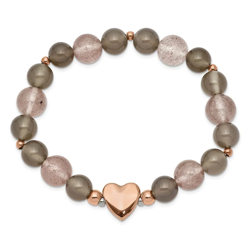 Stainless Steel Polished Rose IP Heart Grey Agate/Strawberry Quartz Stretch