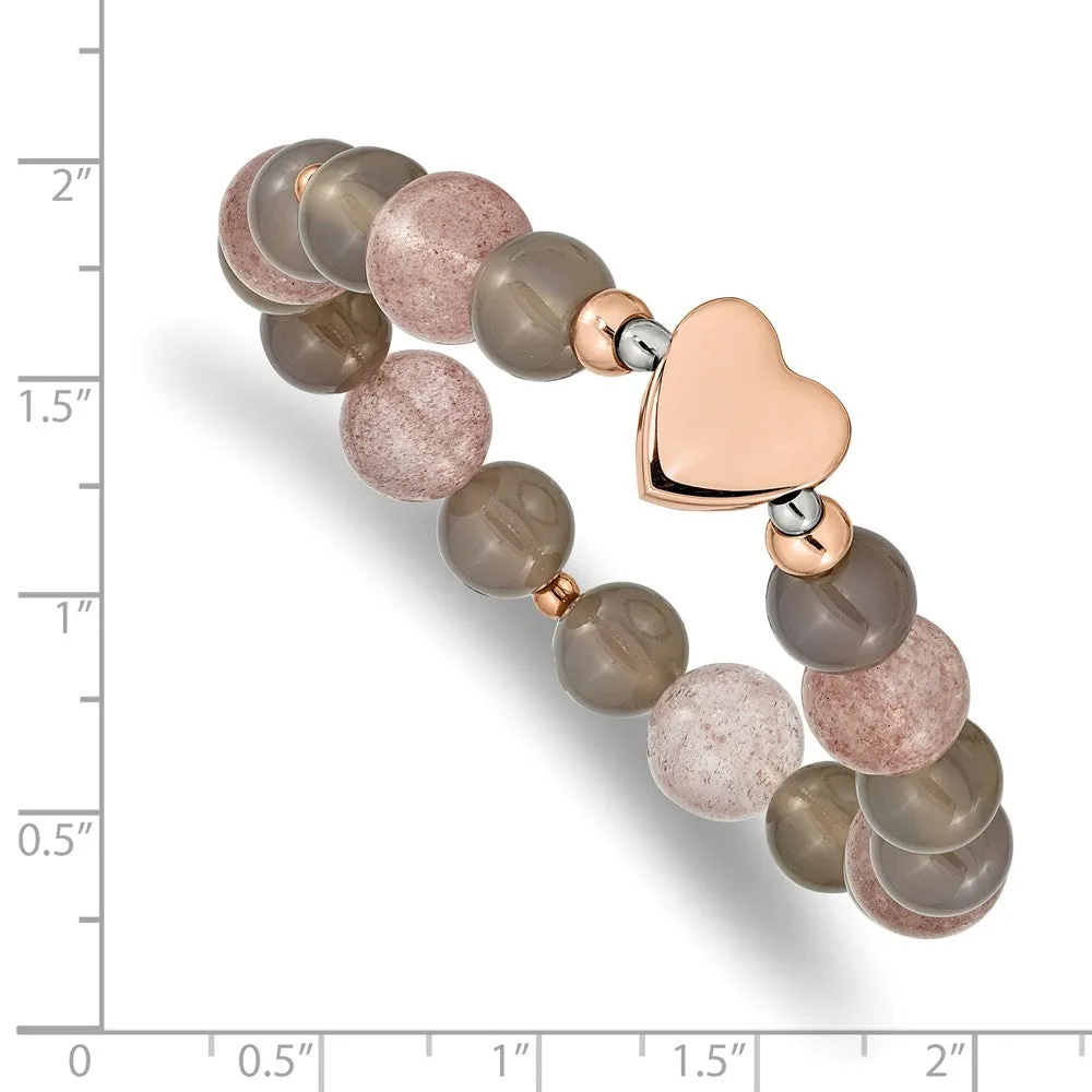 Stainless Steel Polished Rose IP Heart Grey Agate/Strawberry Quartz Stretch