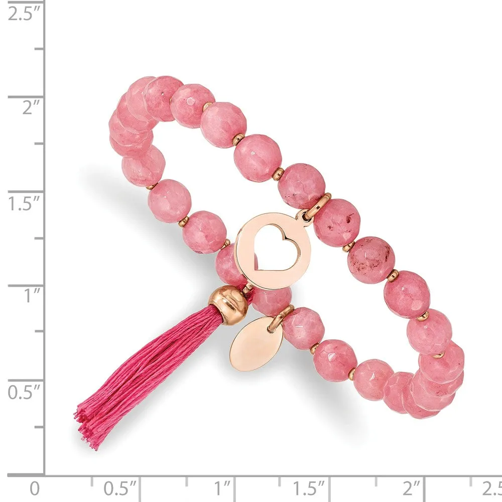 Stainless Steel Polished Rose IP Heart w/Tassel Pink Jade Beaded Bracelet