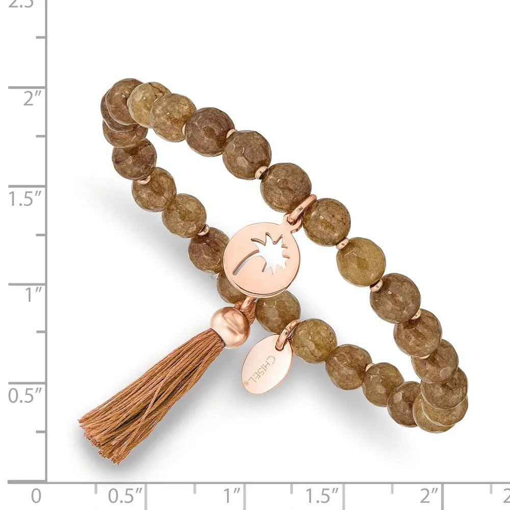 Stainless Steel Polished Rose IP PalmTree w/Tassel Brown Jade Bracelet
