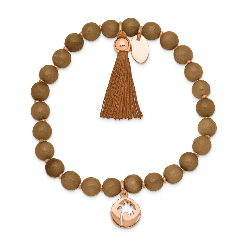Stainless Steel Polished Rose IP PalmTree w/Tassel Brown Jade Bracelet