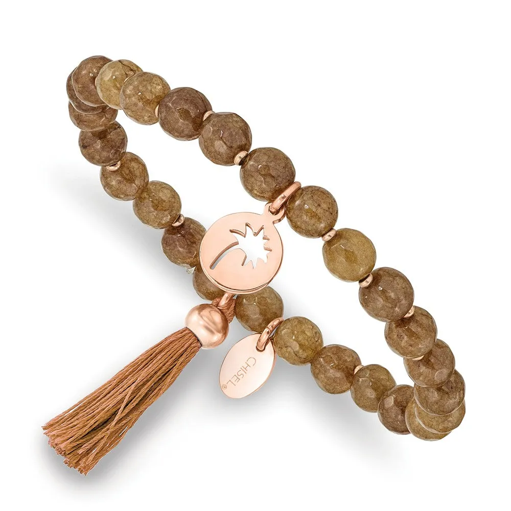 Stainless Steel Polished Rose IP PalmTree w/Tassel Brown Jade Bracelet