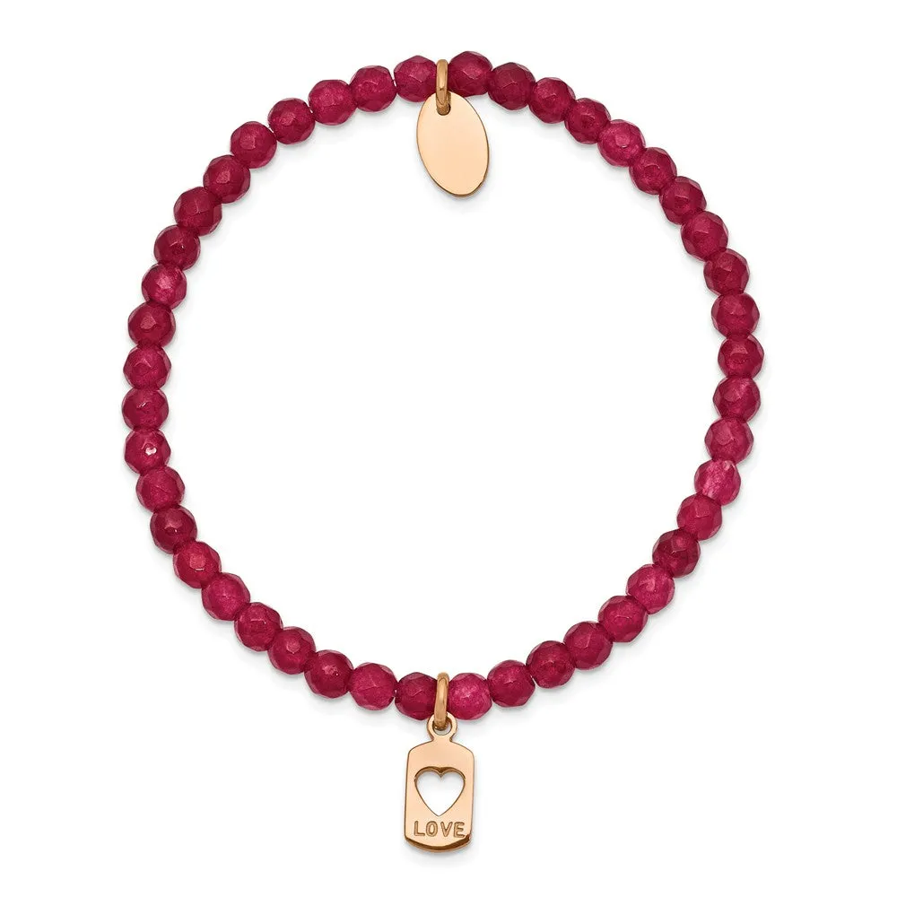 Stainless Steel Polished Rose IP-plated LOVE Red Jade Stretch Bracelet