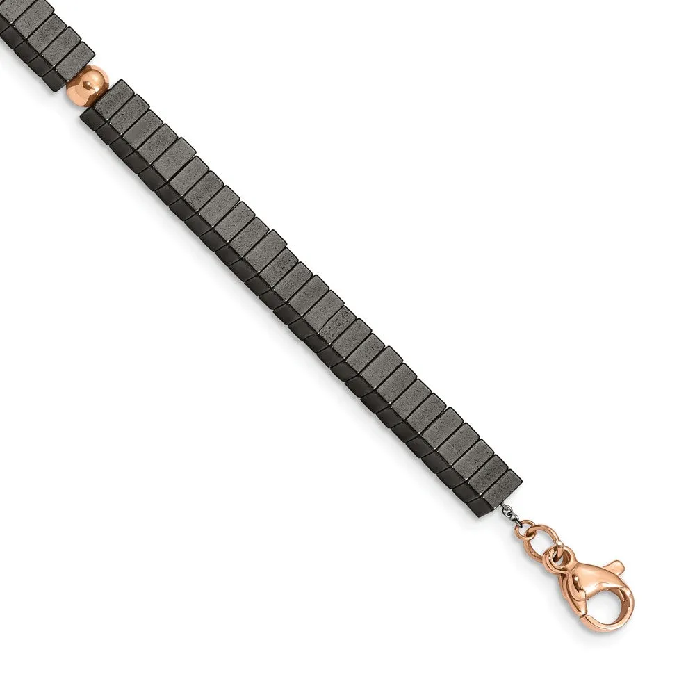 Stainless Steel Polished Rose IP w/Hematite 7in w/1.25in ext Bracelet