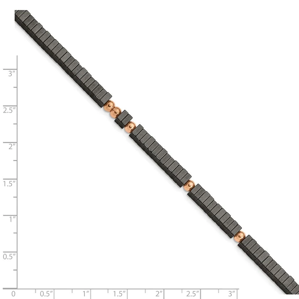 Stainless Steel Polished Rose IP w/Hematite 7in w/1.25in ext Bracelet