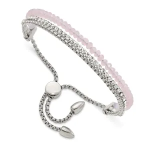 Stainless Steel Polished w/Pink and White Crystal Adjustable Bracelet