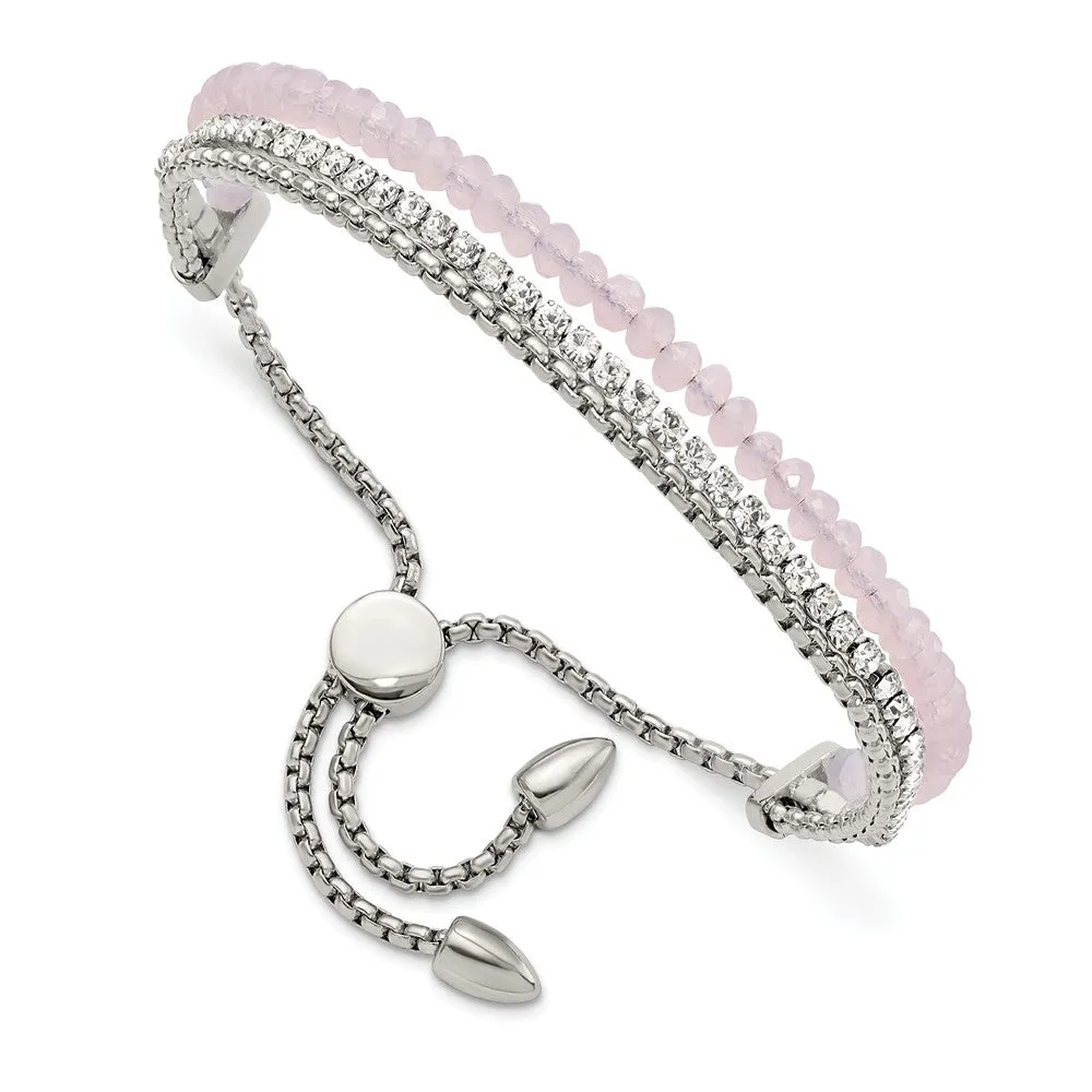 Stainless Steel Polished w/Pink and White Crystal Adjustable Bracelet