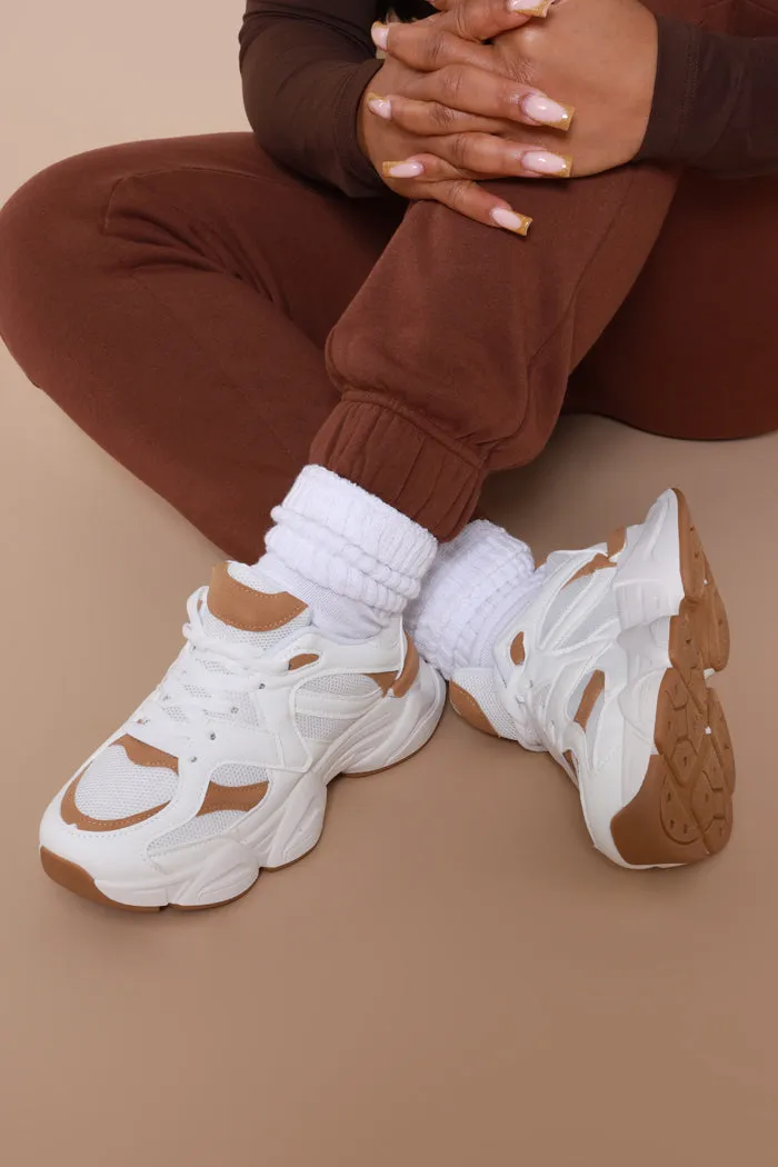 Step Down Lace Up Chunky Sneakers - White/Tan