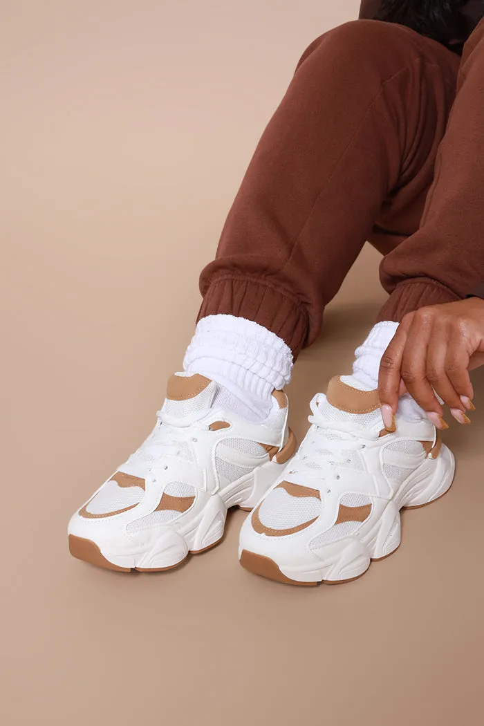 Step Down Lace Up Chunky Sneakers - White/Tan