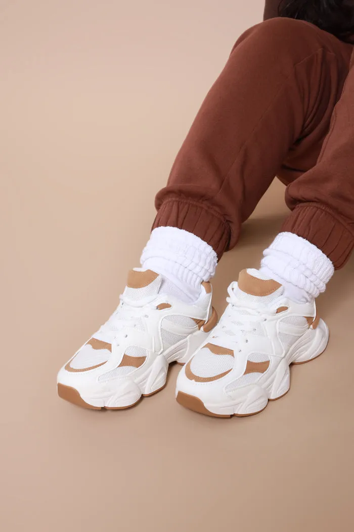 Step Down Lace Up Chunky Sneakers - White/Tan