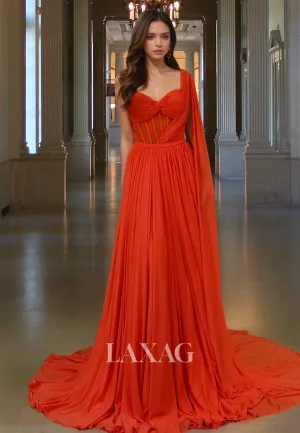 Strapless Sweetheart Sleeveless A-Line Prom Dress Pleated Chiffon Formal Party Gowns with Train