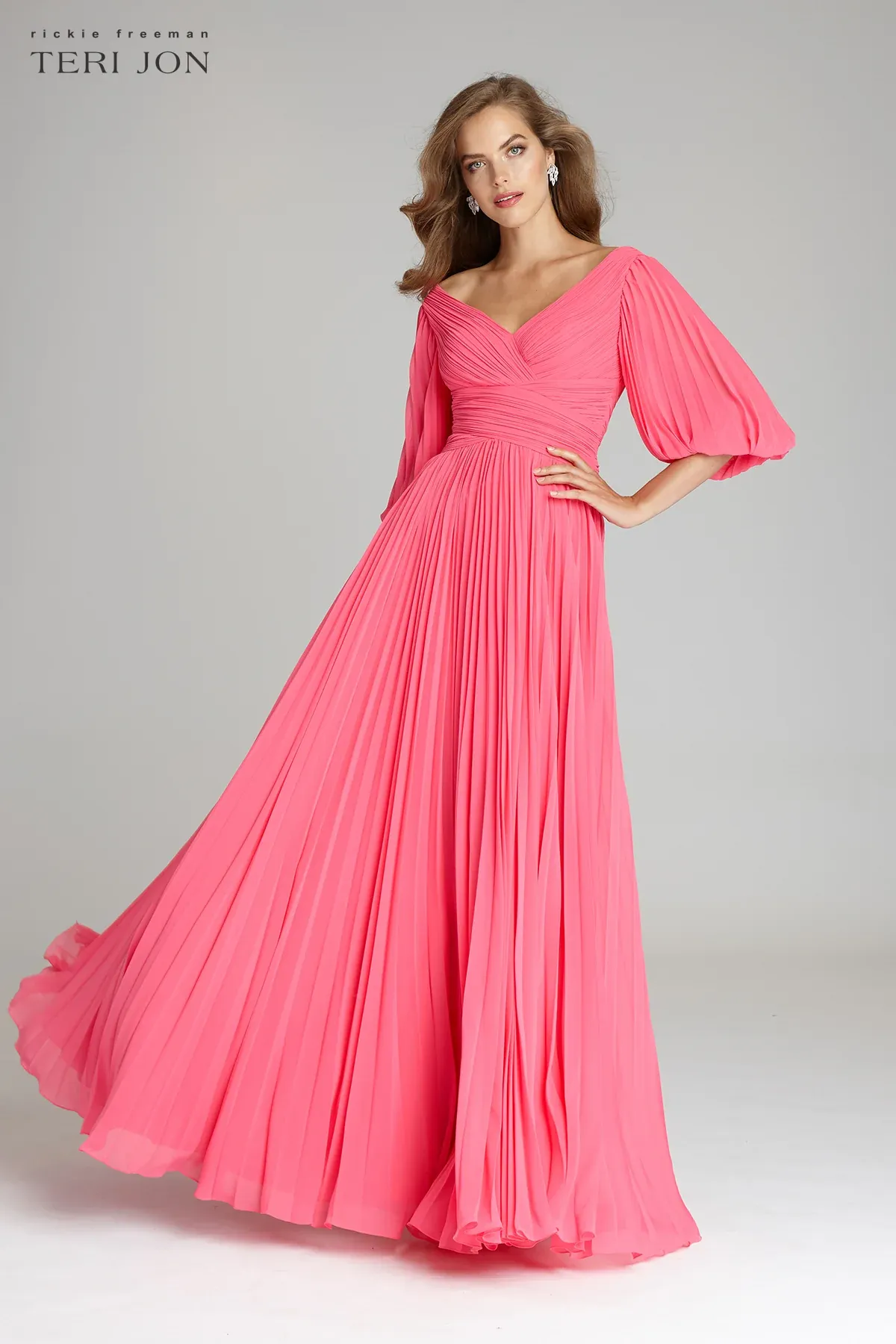 Teri Jon Pleated Chiffon Puff Sleeve Evening Dress 209098